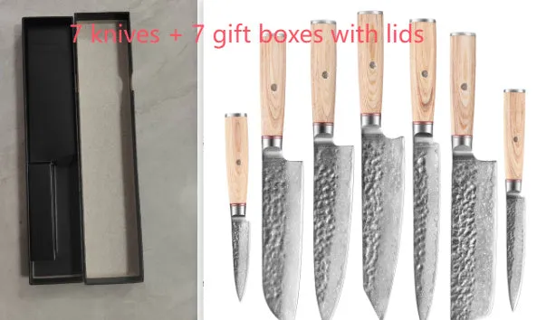 Damascus steel kitchen knife set of 7 with patterned blades and wooden handles on a dark surface