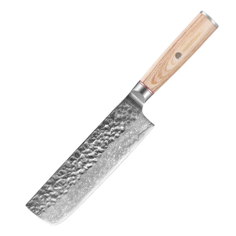 Damascus steel kitchen knife set of 7 with patterned blades and wooden handles on a dark surface