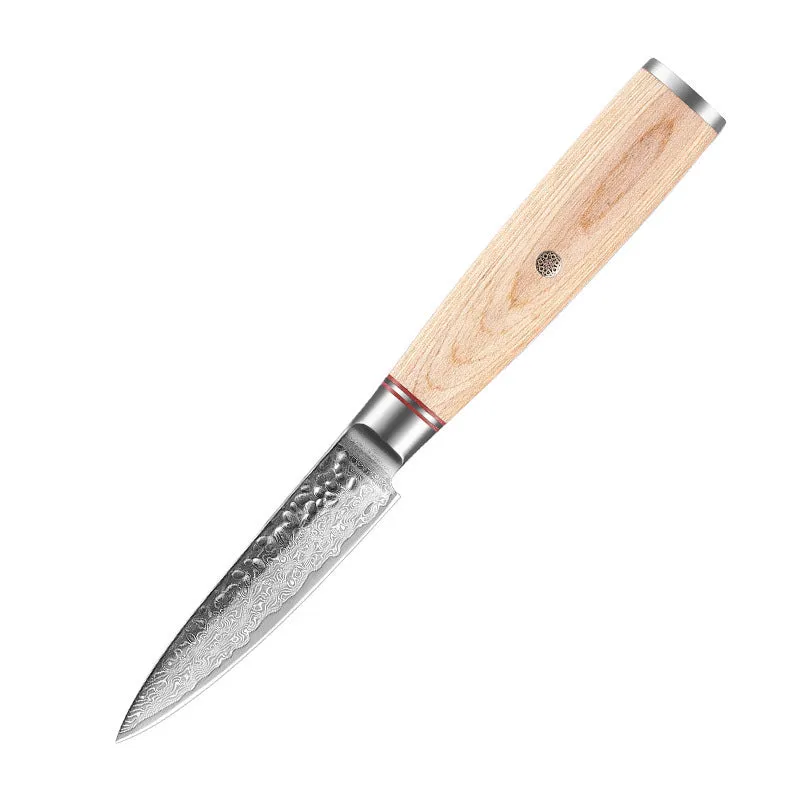 Damascus steel kitchen knife set of 7 with patterned blades and wooden handles on a dark surface
