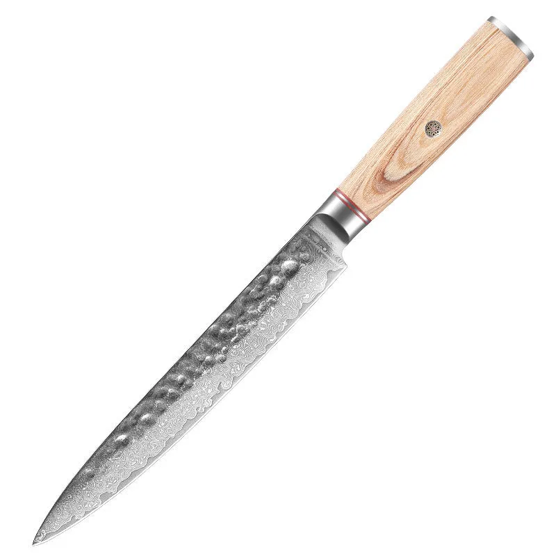 Damascus steel kitchen knife set of 7 with patterned blades and wooden handles on a dark surface