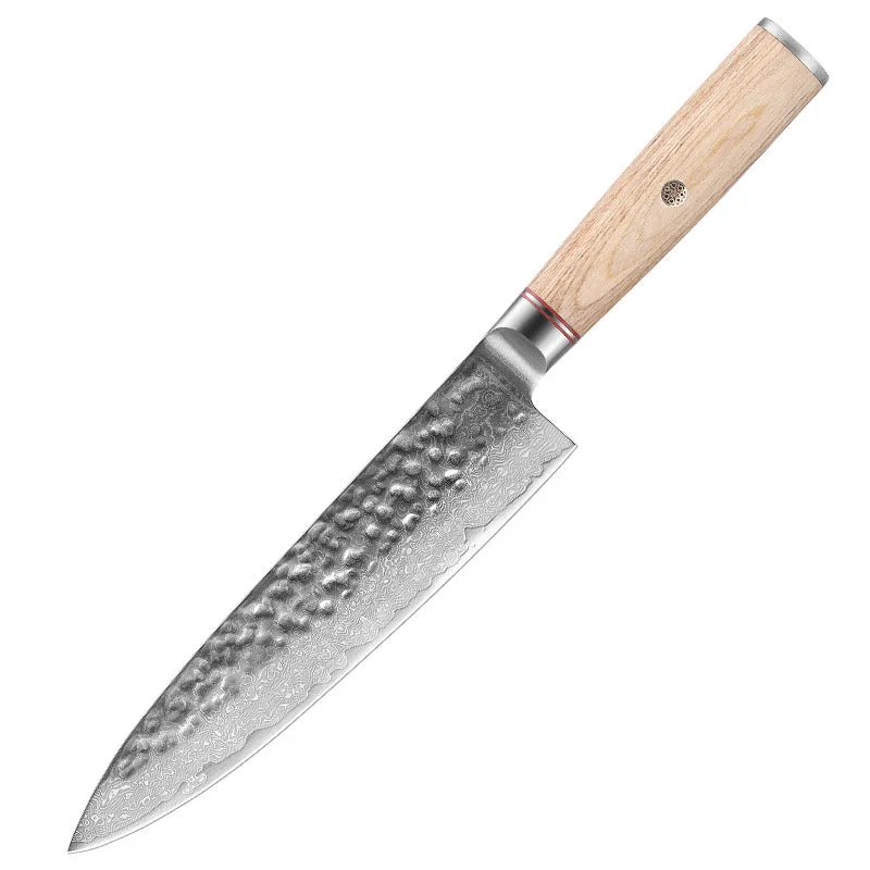 Damascus steel kitchen knife set of 7 with patterned blades and wooden handles on a dark surface