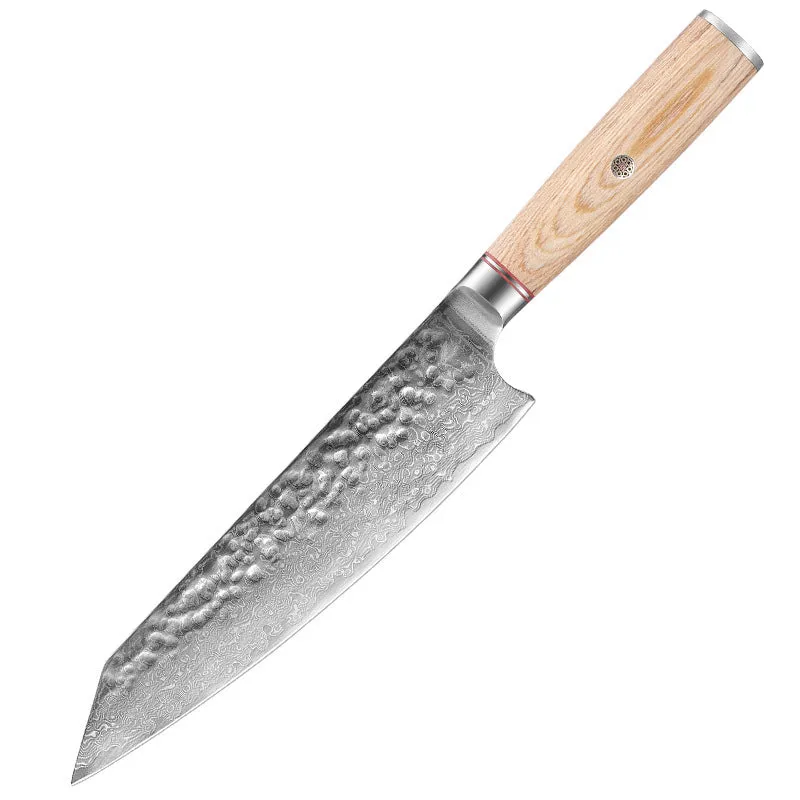 Damascus steel kitchen knife set of 7 with patterned blades and wooden handles on a dark surface