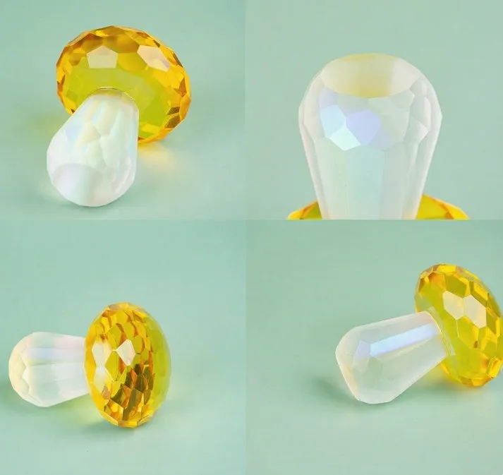 Modern geometric white crystal mushroom decoration in transparent, green, red, or yellow, 40mm wide.