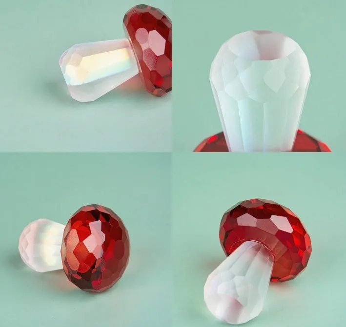 Modern geometric white crystal mushroom decoration in transparent, green, red, or yellow, 40mm wide.