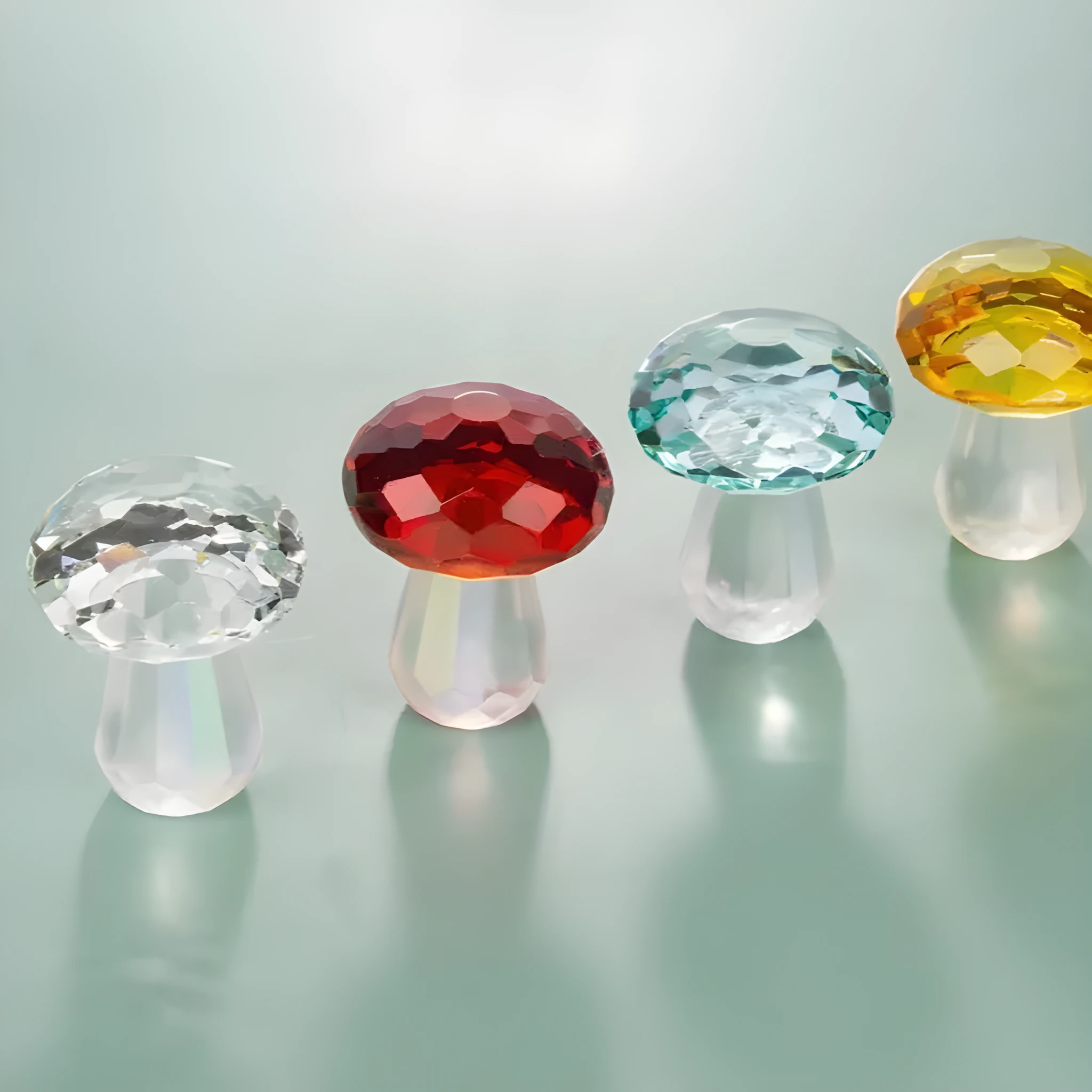 Modern geometric white crystal mushroom decoration in transparent, green, red, or yellow, 40mm wide.