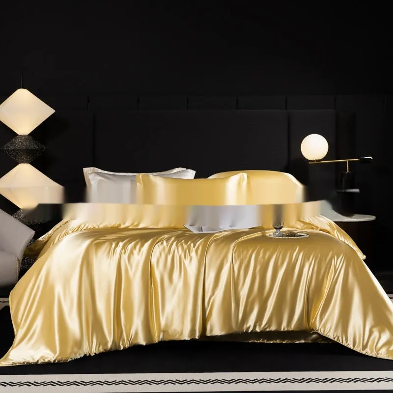 Silk bed sheet four-piece set in solid colour modern style displayed in multiple size configurations