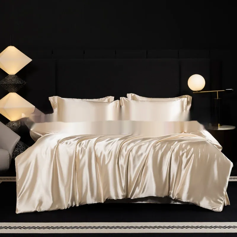 Silk bed sheet four-piece set in solid colour modern style displayed in multiple size configurations