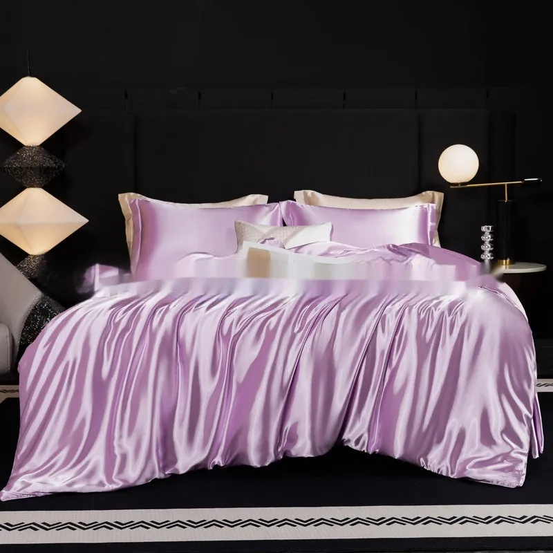 Silk bed sheet four-piece set in solid colour modern style displayed in multiple size configurations
