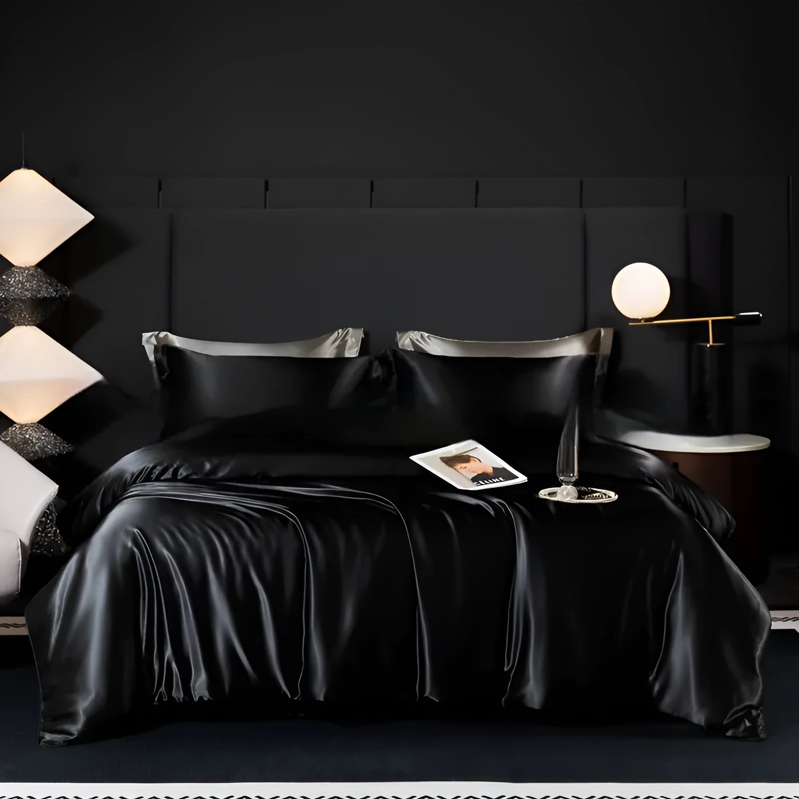 Silk bed sheet four-piece set in solid colour modern style displayed in multiple size configurations