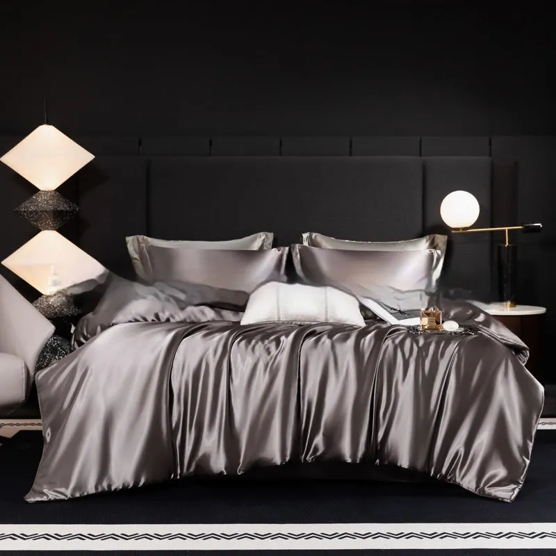Silk bed sheet four-piece set in solid colour modern style displayed in multiple size configurations