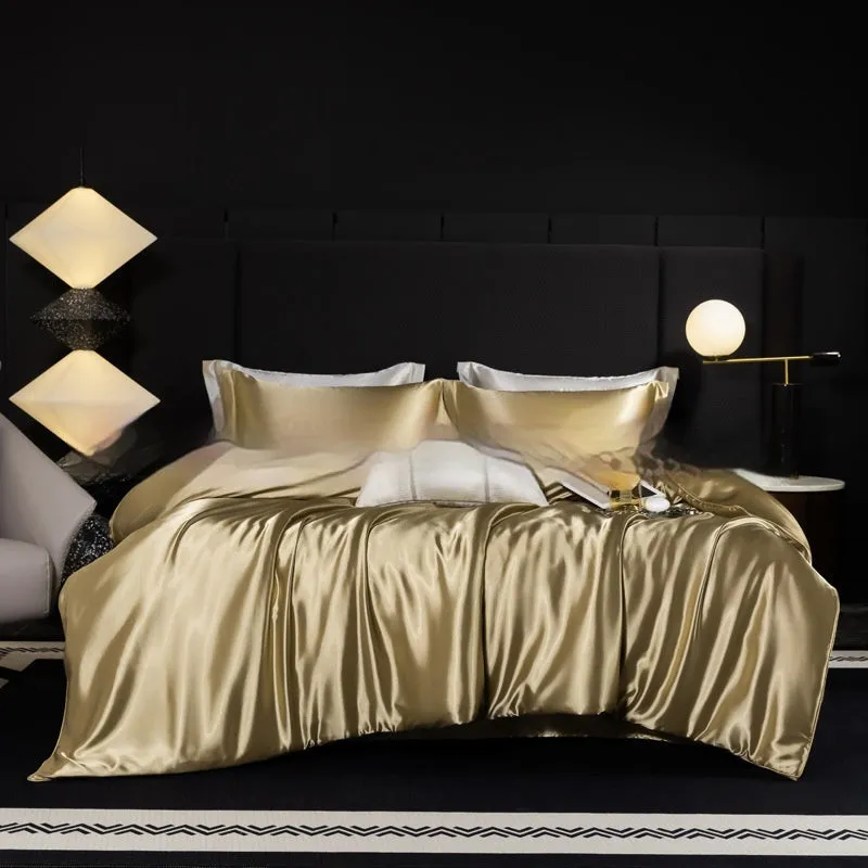 Silk bed sheet four-piece set in solid colour modern style displayed in multiple size configurations