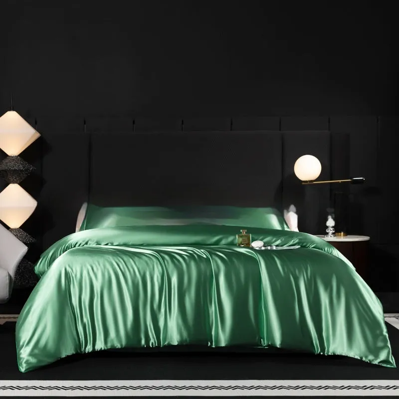 Silk bed sheet four-piece set in solid colour modern style displayed in multiple size configurations