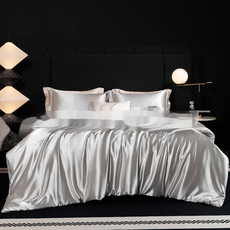 Silk bed sheet four-piece set in solid colour modern style displayed in multiple size configurations
