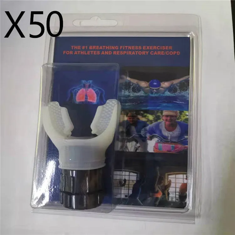 White and black silicone breathing trainer respirator with adjustable resistance dial for lung exercise