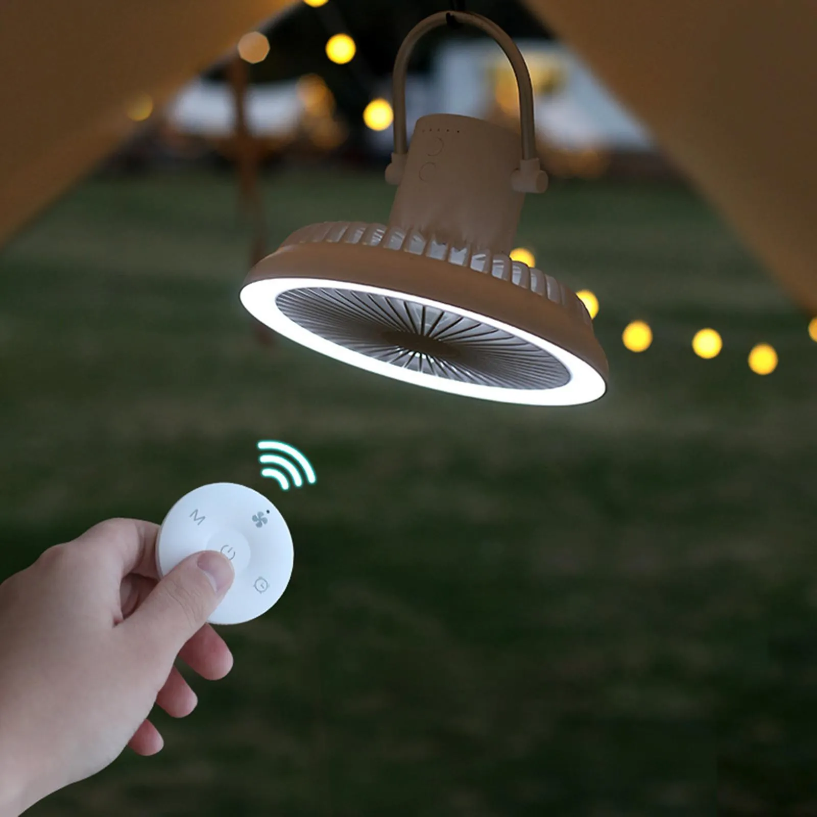 White USB rechargeable camping fan on aluminium tripod showing front view