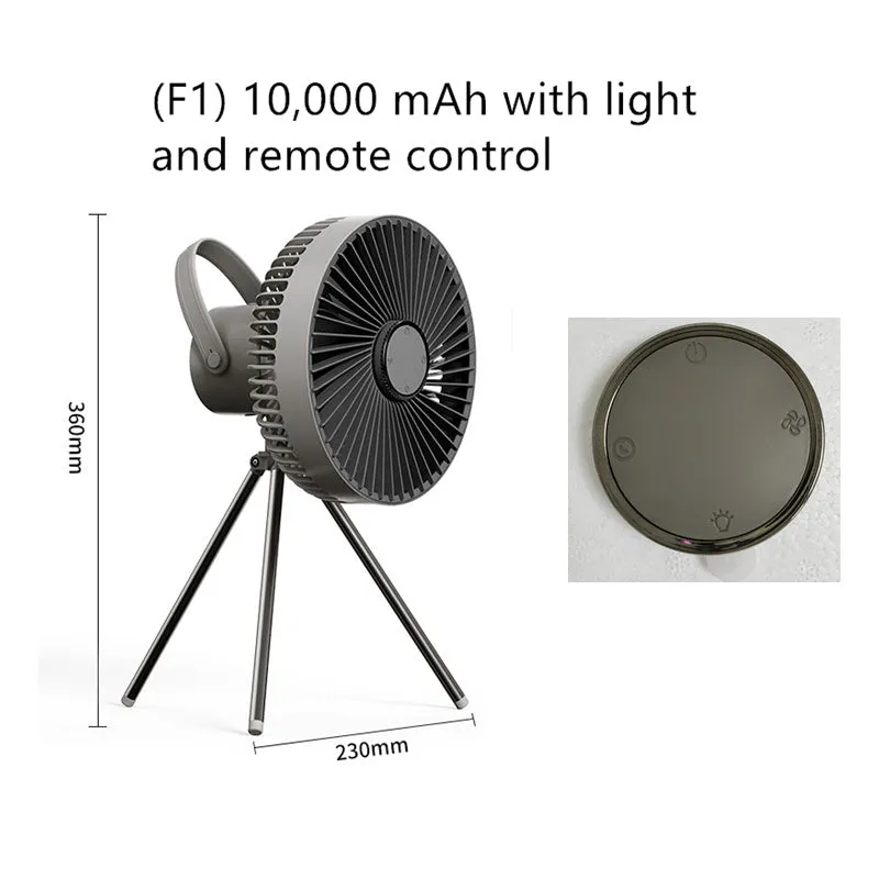 White USB rechargeable camping fan on aluminium tripod showing front view