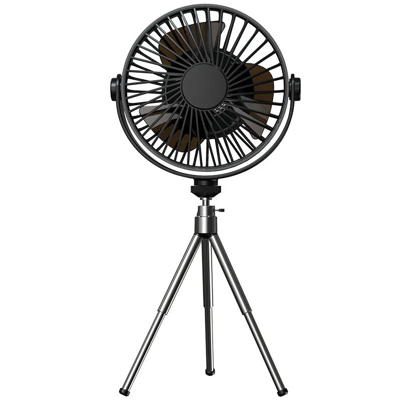 White USB rechargeable camping fan on aluminium tripod showing front view