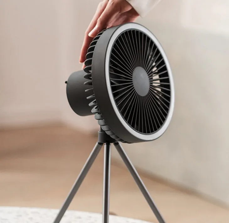 White USB rechargeable camping fan on aluminium tripod showing front view