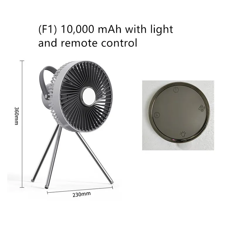 White USB rechargeable camping fan on aluminium tripod showing front view