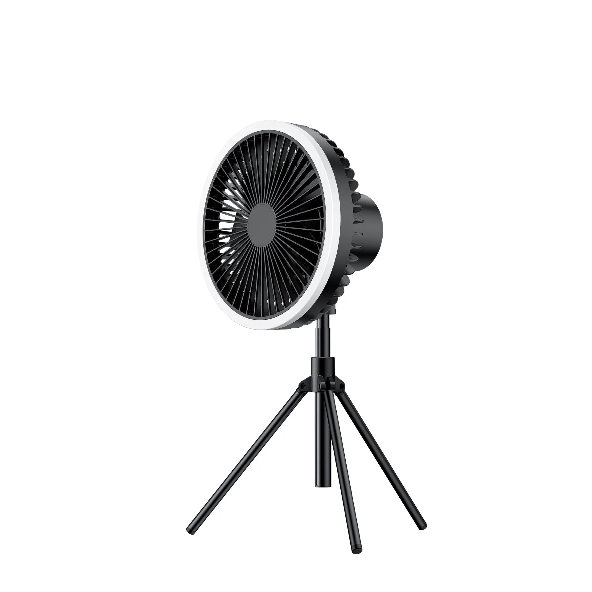 White USB rechargeable camping fan on aluminium tripod showing front view