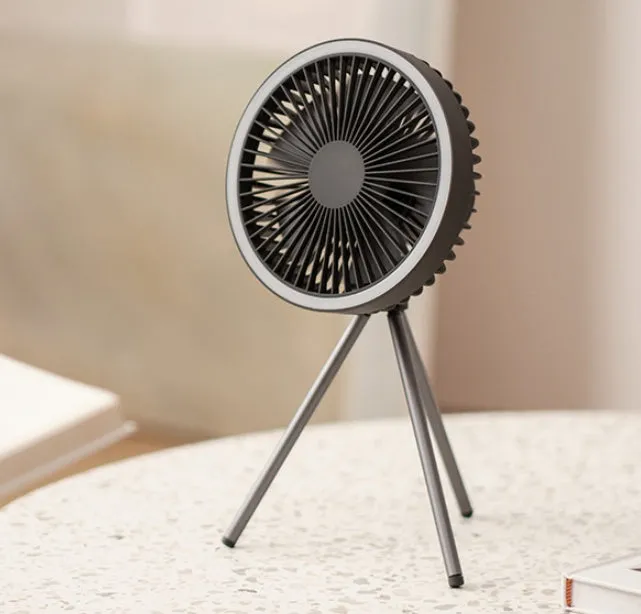 White USB rechargeable camping fan on aluminium tripod showing front view