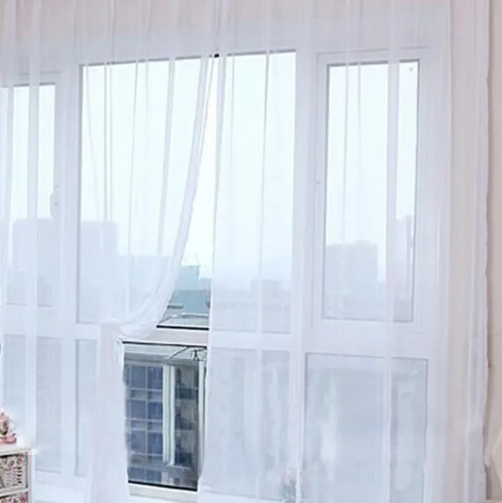Solid tulle curtain in white, sheer fabric for living room window, 100x200cm size with rod pocket top