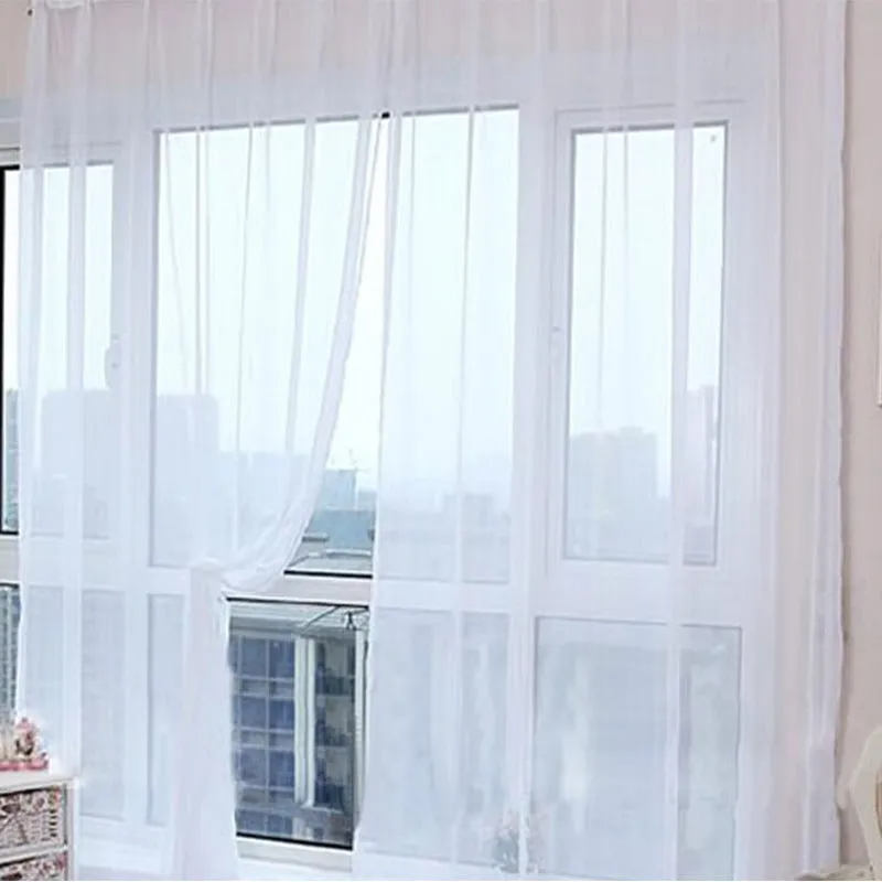 Solid tulle curtain in white, sheer fabric for living room window, 100x200cm size with rod pocket top