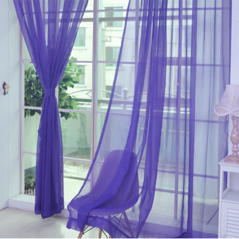 Solid tulle curtain in white, sheer fabric for living room window, 100x200cm size with rod pocket top