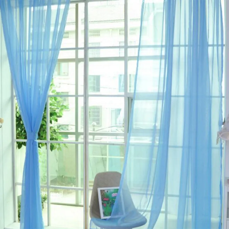 Solid tulle curtain in white, sheer fabric for living room window, 100x200cm size with rod pocket top