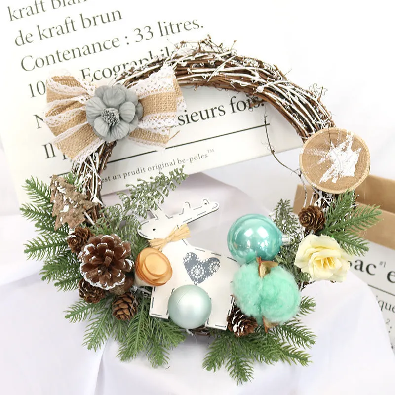 Wooden Christmas wreath with red fruit bowknot design on dead branches, 30cm diameter