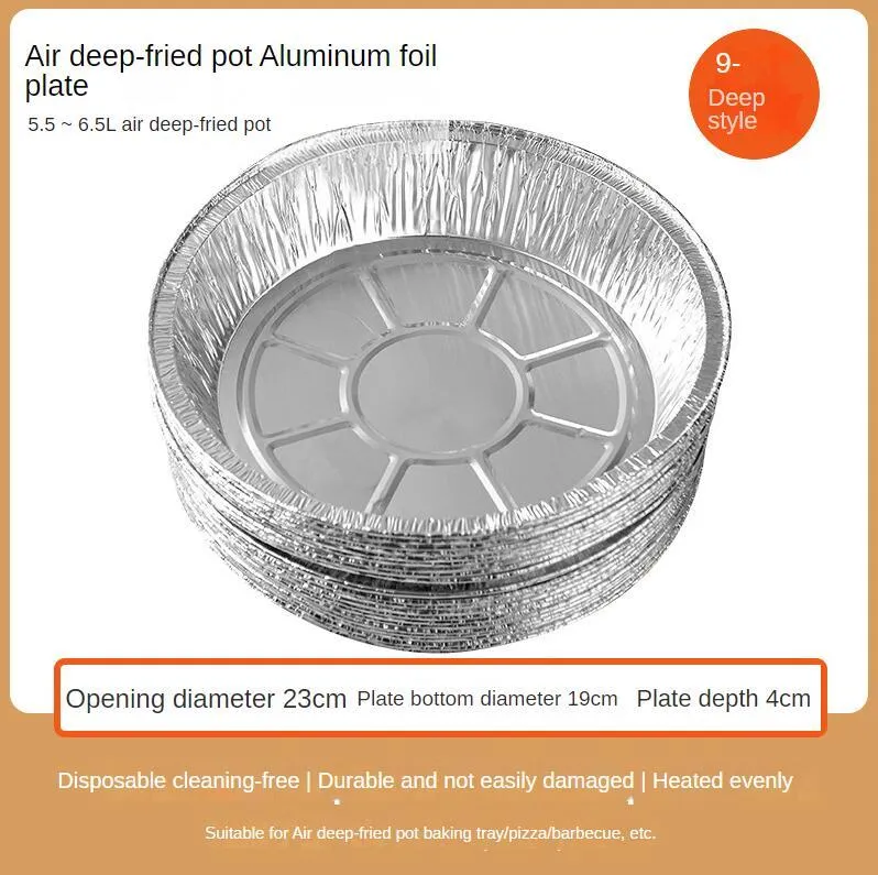 Round disposable aluminium foil liner for air fryer with 4cm high edges, 8 inch size, on a white background