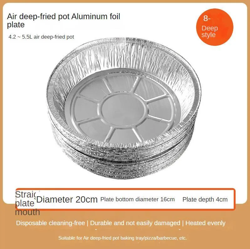 Round disposable aluminium foil liner for air fryer with 4cm high edges, 8 inch size, on a white background