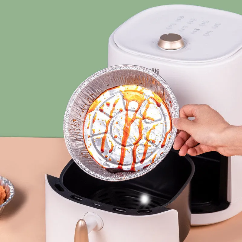 Round disposable aluminium foil liner for air fryer with 4cm high edges, 8 inch size, on a white background
