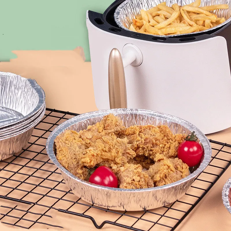 Round disposable aluminium foil liner for air fryer with 4cm high edges, 8 inch size, on a white background