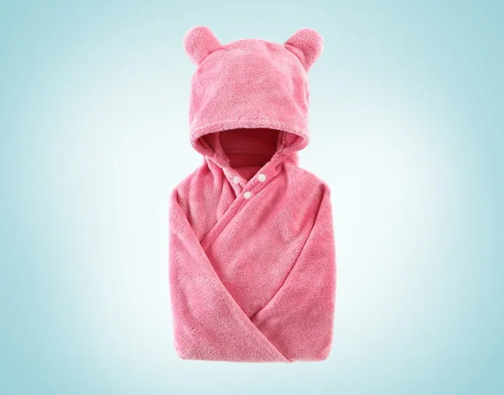 Soft cotton baby care hooded bath towel 65x110cm in pink with hood and border detail