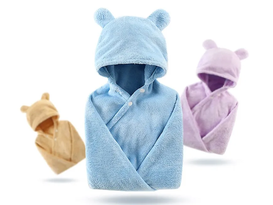 Soft cotton baby care hooded bath towel 65x110cm in pink with hood and border detail