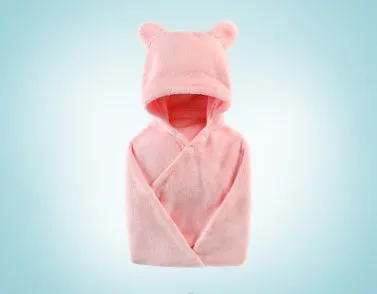 Soft cotton baby care hooded bath towel 65x110cm in pink with hood and border detail