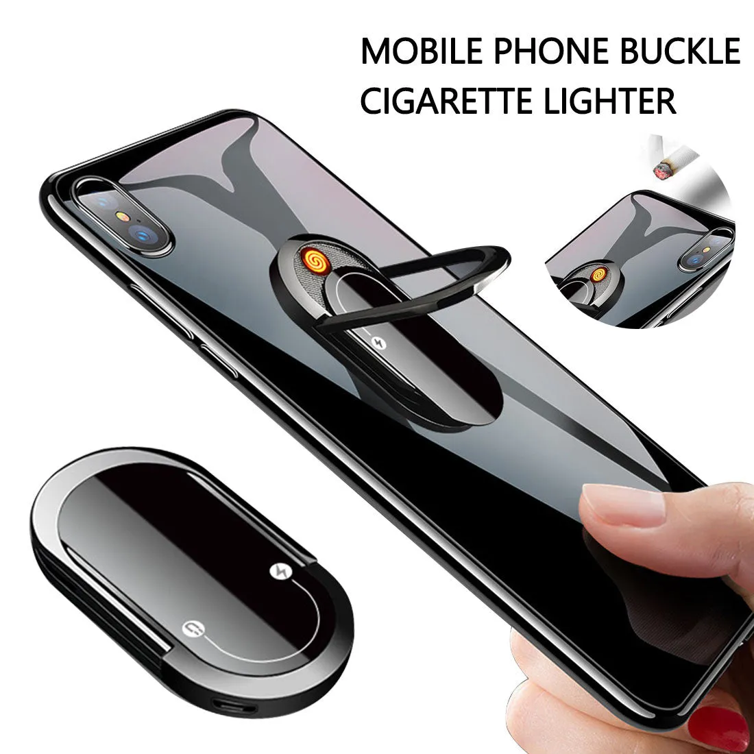 Portable USB plasma lighter with mobile phone holder, aluminium alloy, black ice colour
