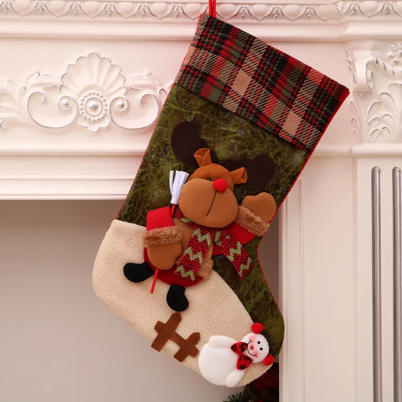 Hand-sewn cloth Christmas socks in sequin and letter styles, including a large red sock for gift bag use