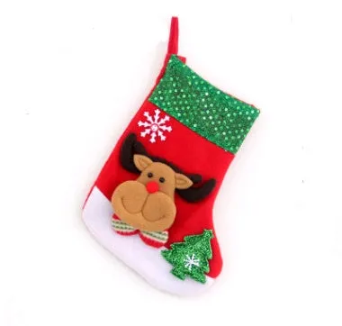 Hand-sewn cloth Christmas socks in sequin and letter styles, including a large red sock for gift bag use