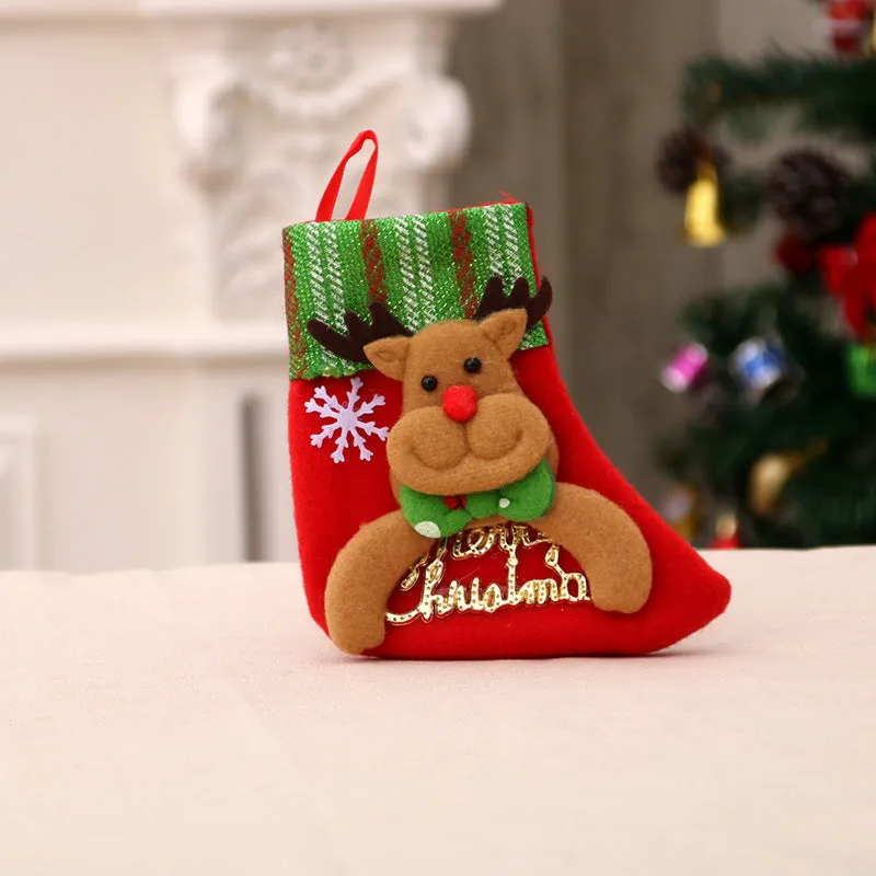 Hand-sewn cloth Christmas socks in sequin and letter styles, including a large red sock for gift bag use