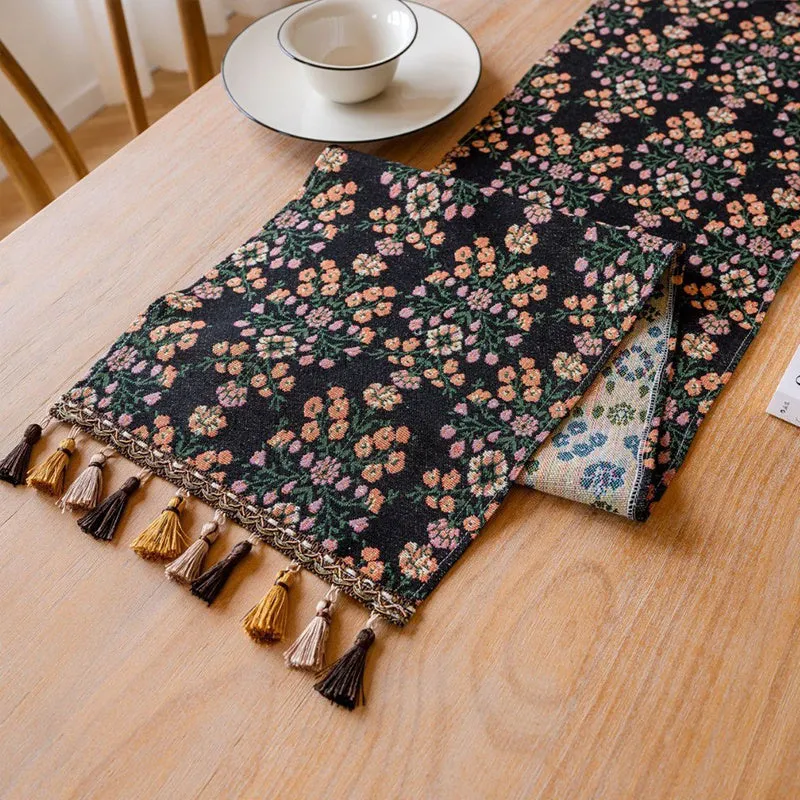Nordic jacquard table runner with striped pattern and tassel fringe trim in dark blue colour