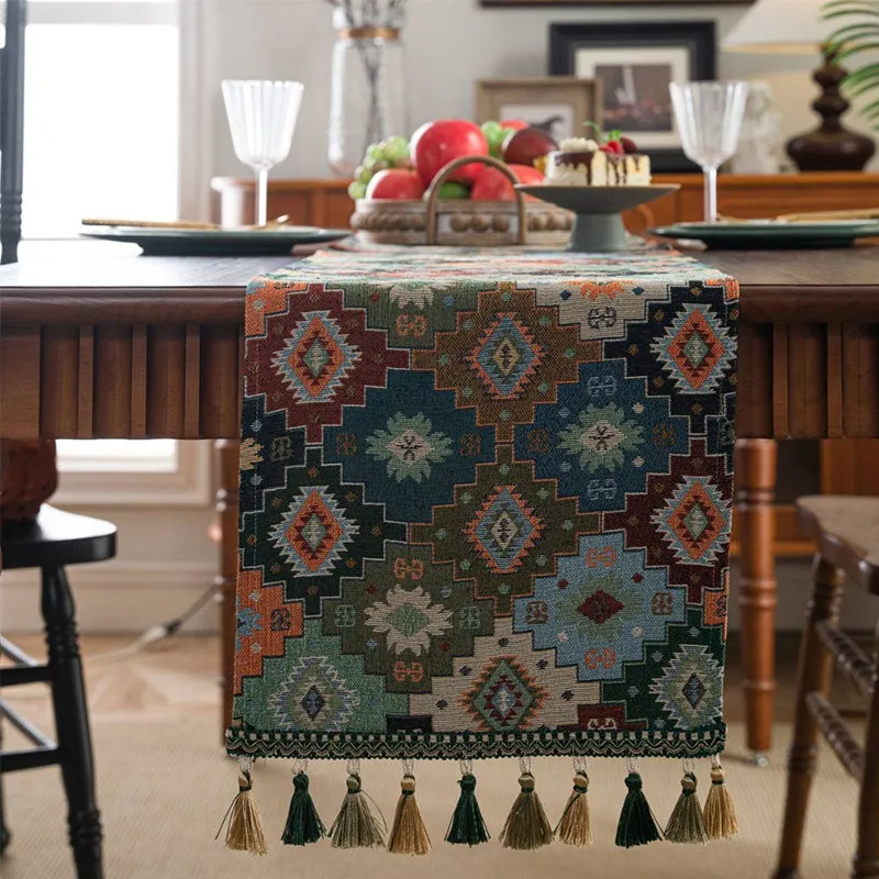 Nordic jacquard table runner with striped pattern and tassel fringe trim in dark blue colour