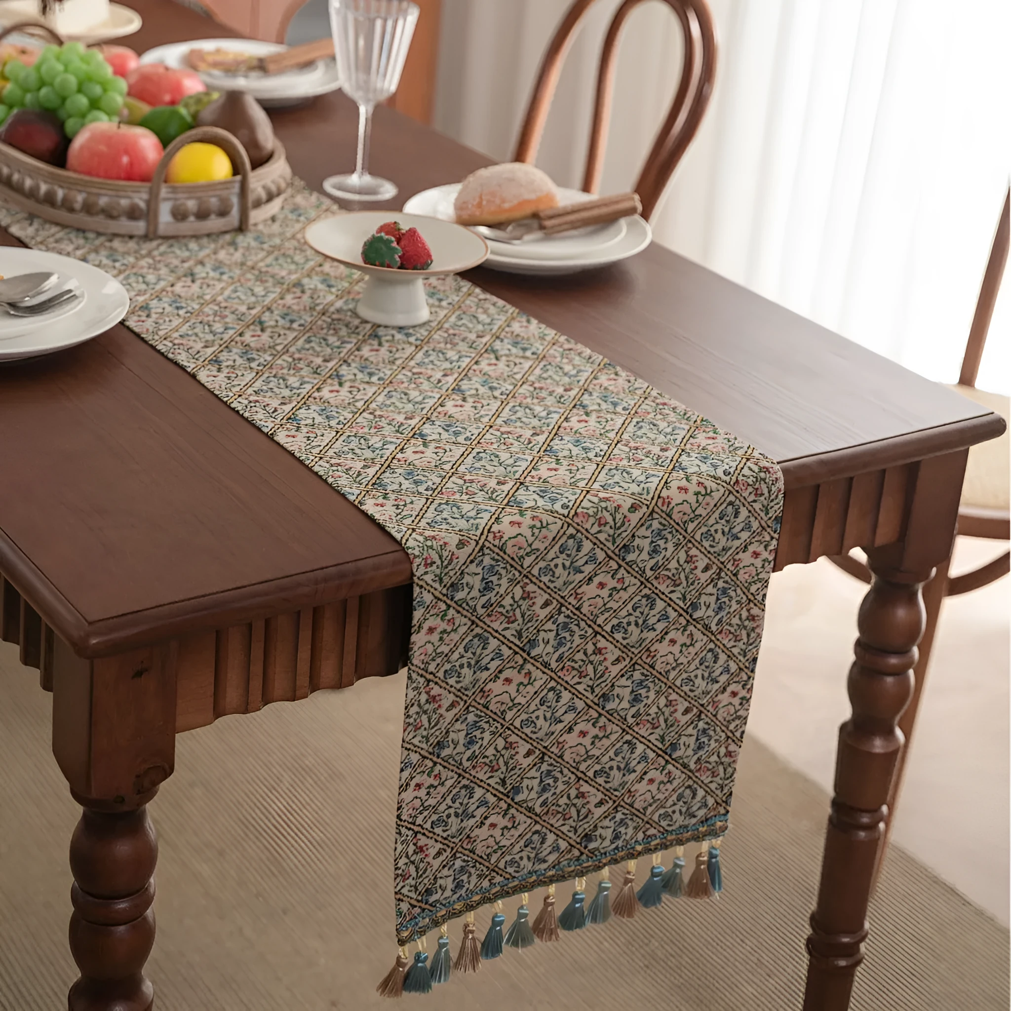 Nordic jacquard table runner with striped pattern and tassel fringe trim in dark blue colour