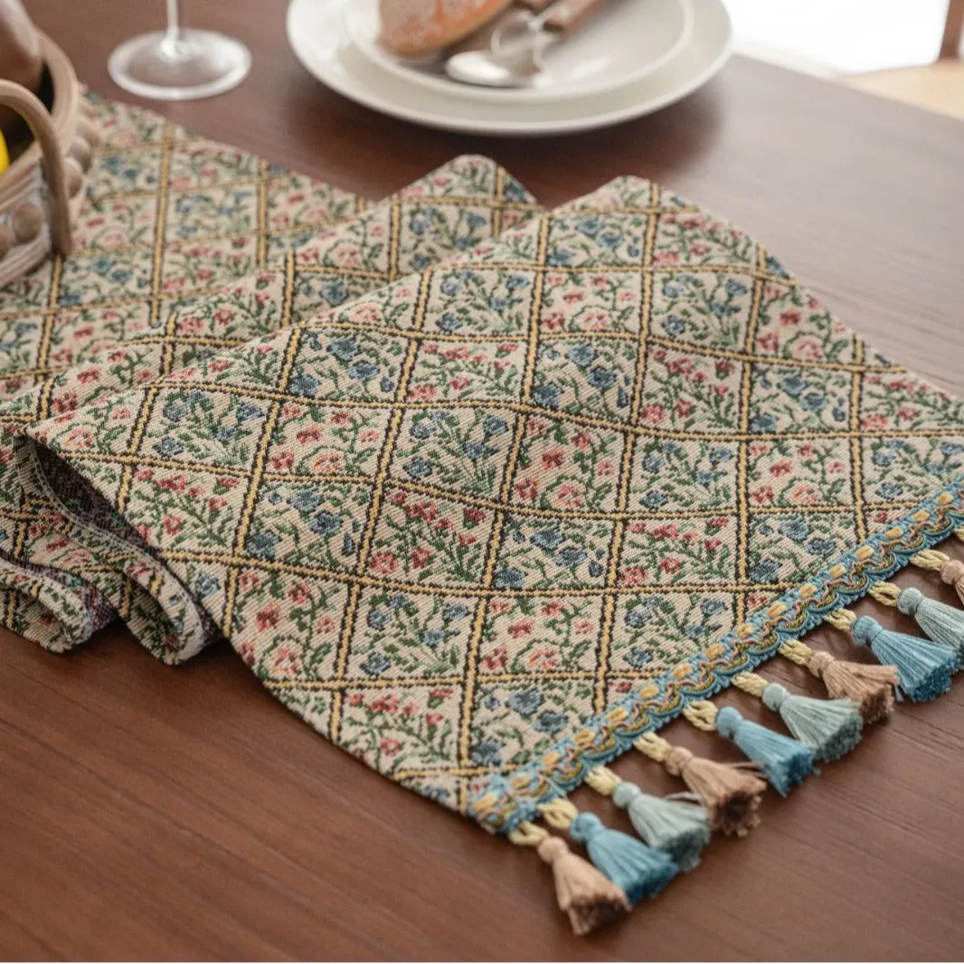 Nordic jacquard table runner with striped pattern and tassel fringe trim in dark blue colour