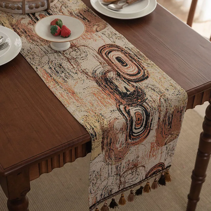Nordic jacquard table runner with striped pattern and tassel fringe trim in dark blue colour