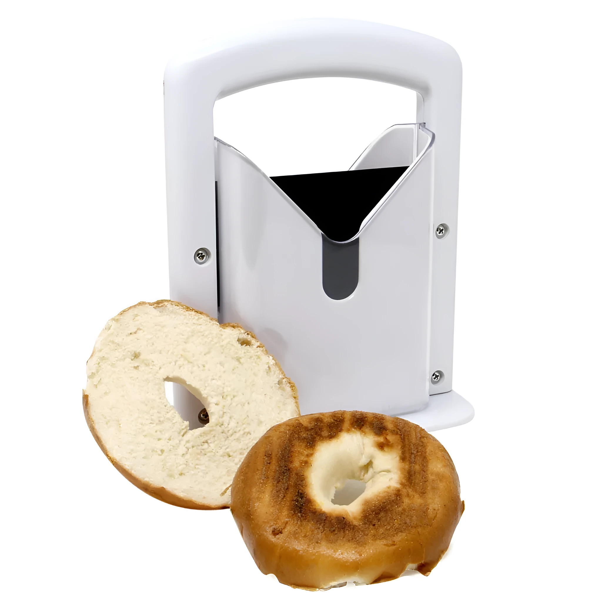 White plastic bagel slicer with acrylic safety shield and stainless steel serrated blade on a kitchen counter