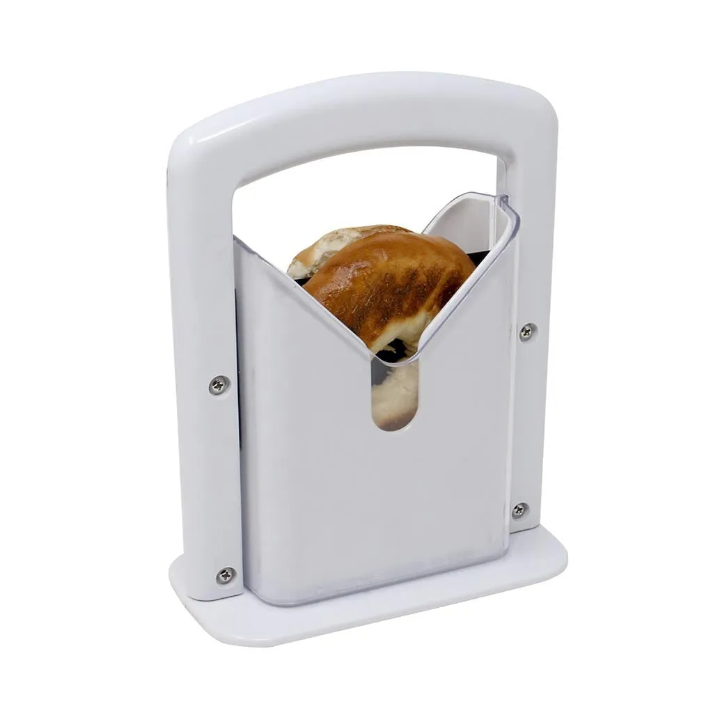 White plastic bagel slicer with acrylic safety shield and stainless steel serrated blade on a kitchen counter
