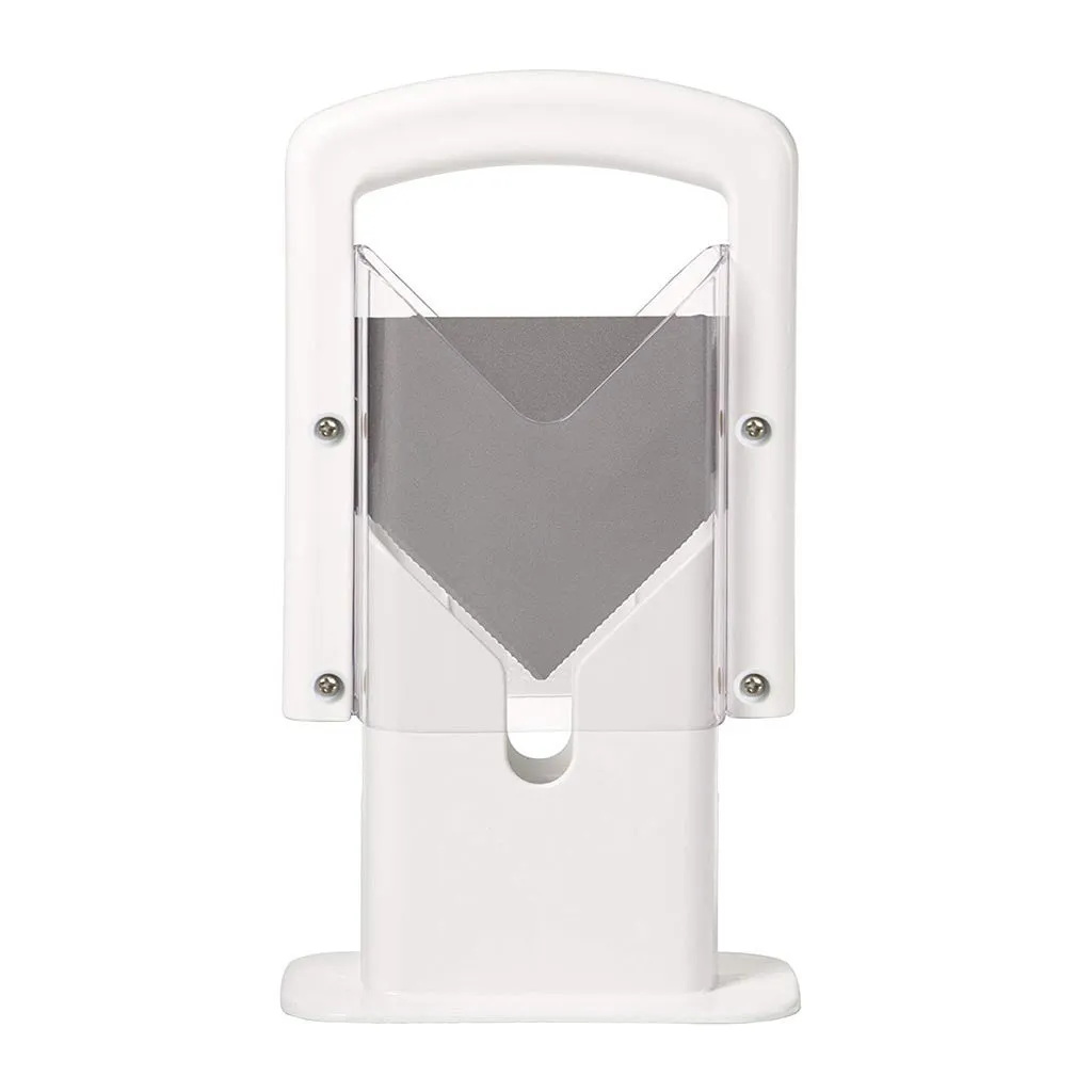 White plastic bagel slicer with acrylic safety shield and stainless steel serrated blade on a kitchen counter