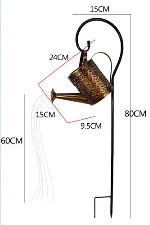 Solar watering can garden lamp with hollow-out iron shower body and 36 warm white LED lights on copper wire, installed in grass